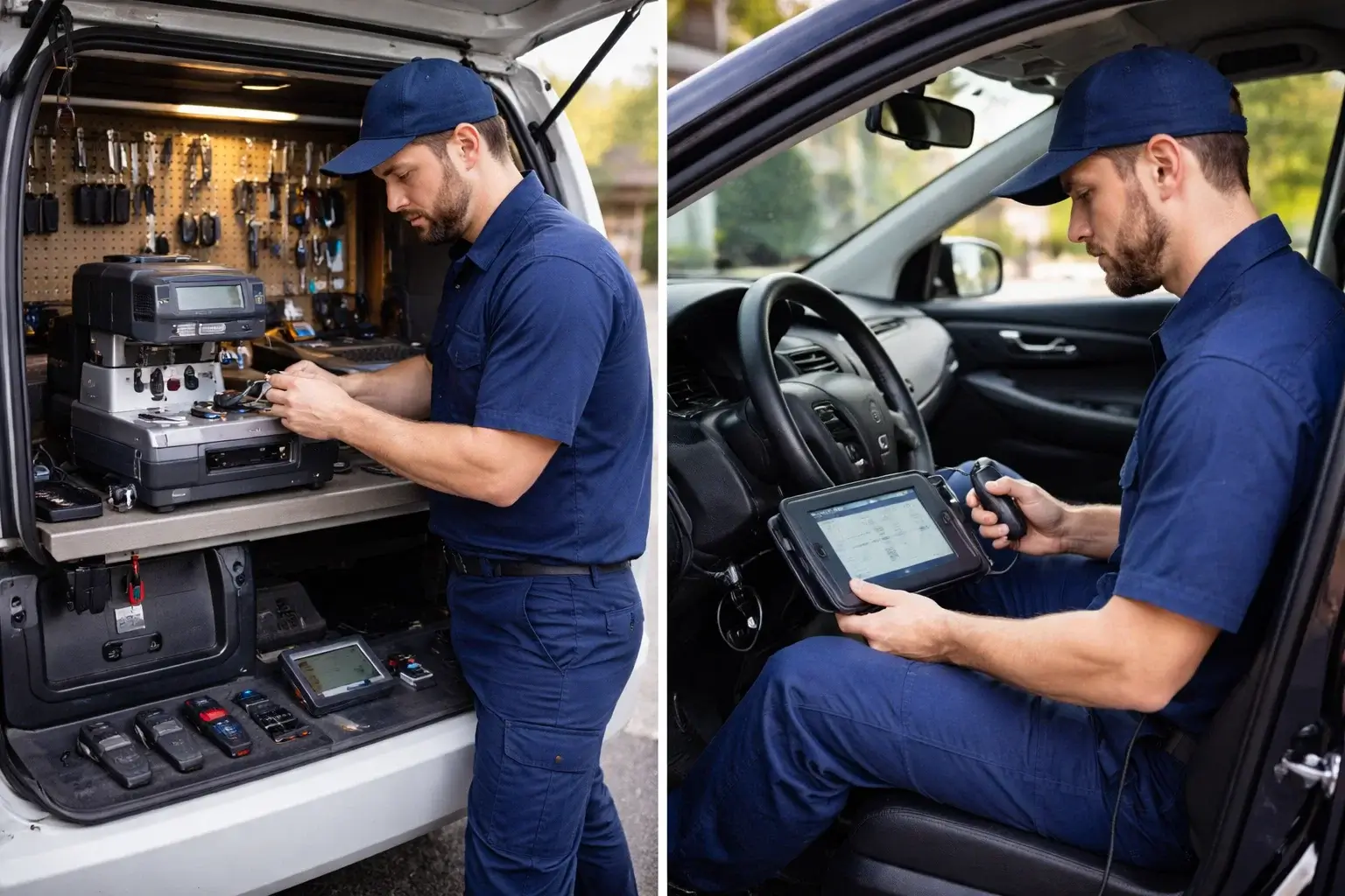 Automotive locksmith cutting and programming a replacement car key in Atlanta GA