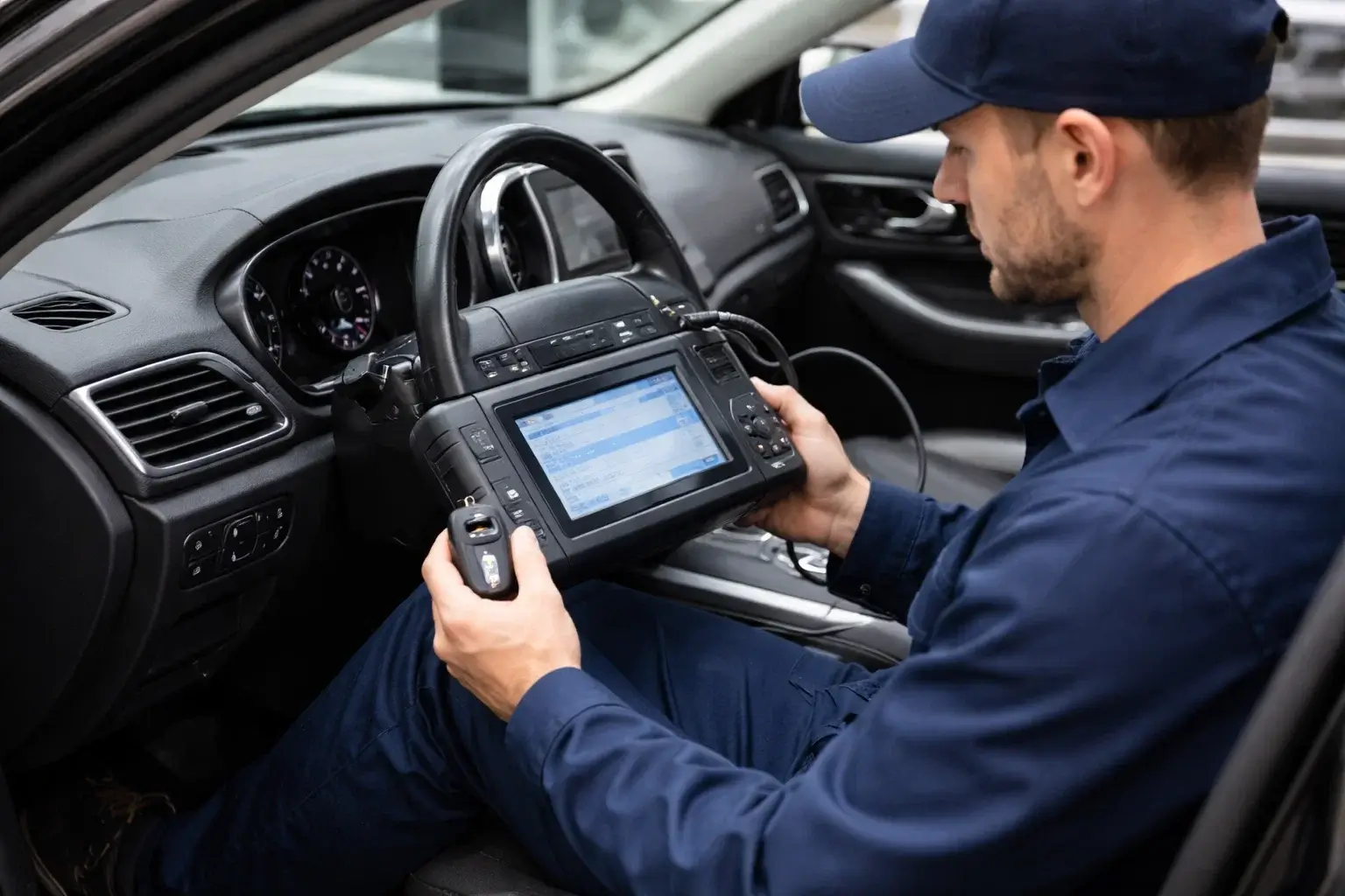 Automotive locksmith programming a transponder key and key fob in Atlanta GA