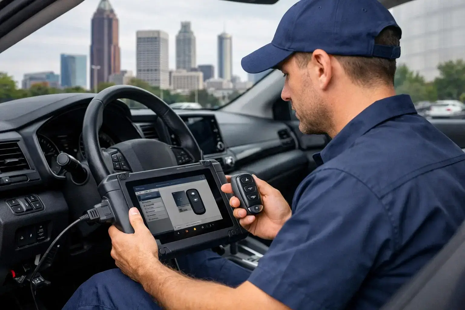 Automotive locksmith programming a smart car key for a vehicle in Atlanta GA