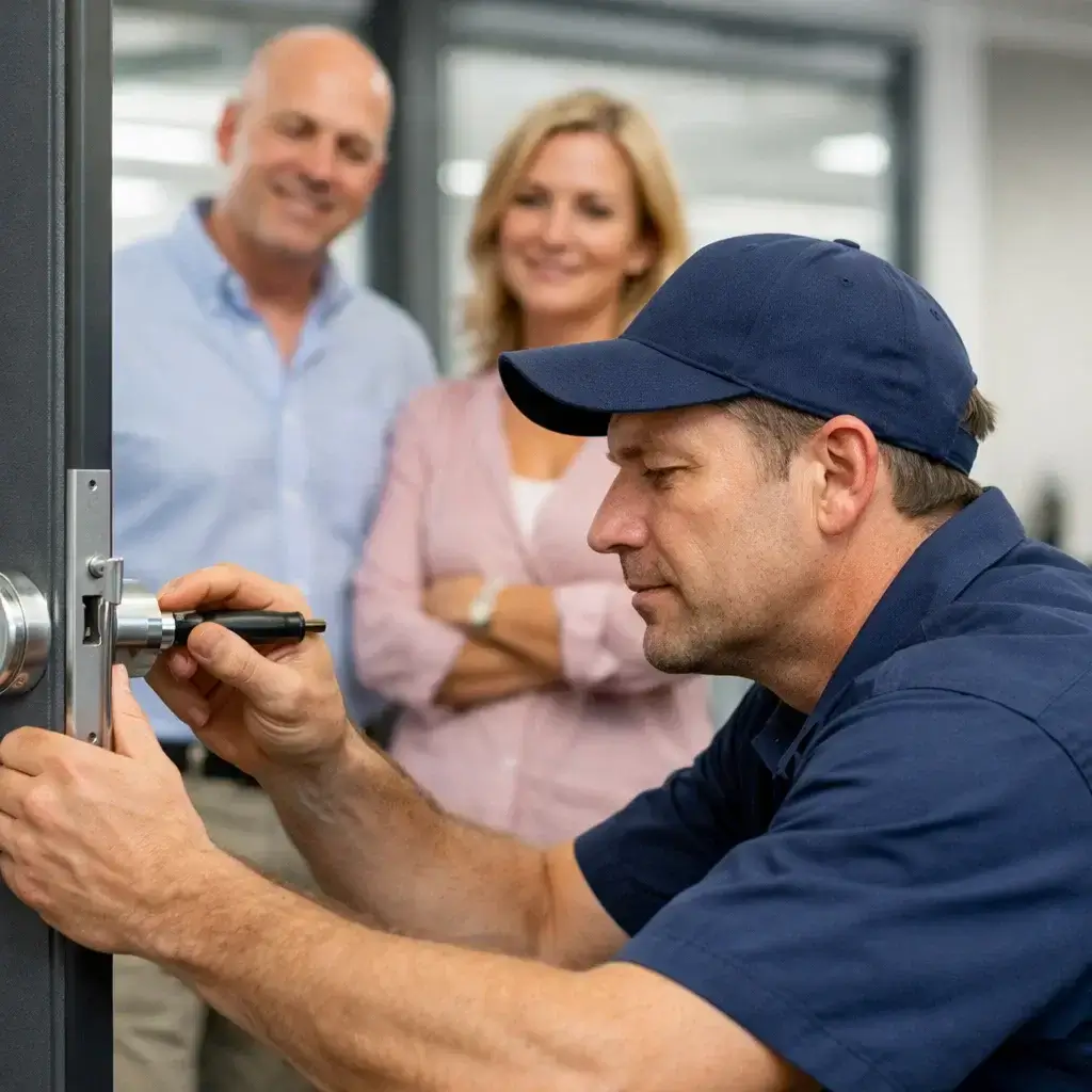 Commercial locksmith installing office door lock in Atlanta GA