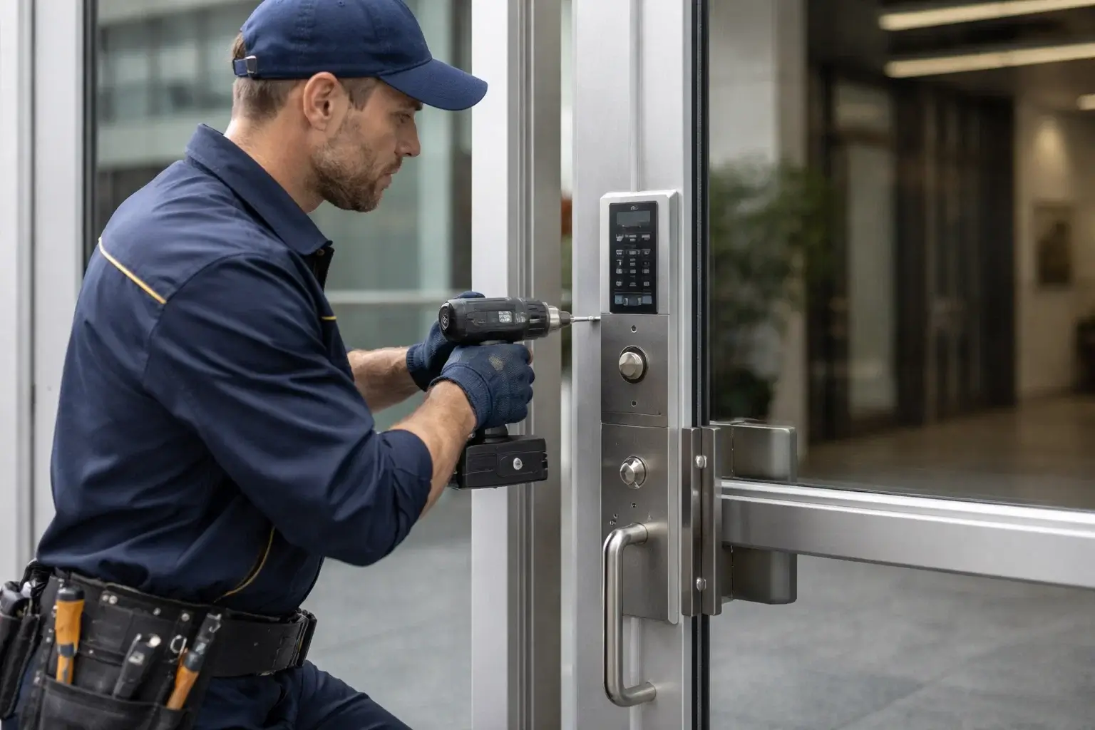 Commercial locksmith installing advanced security locks for a business in Atlanta GA