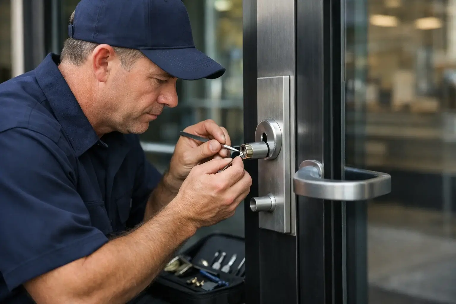 Commercial locksmith repairing and rekeying a business door lock in Atlanta GA