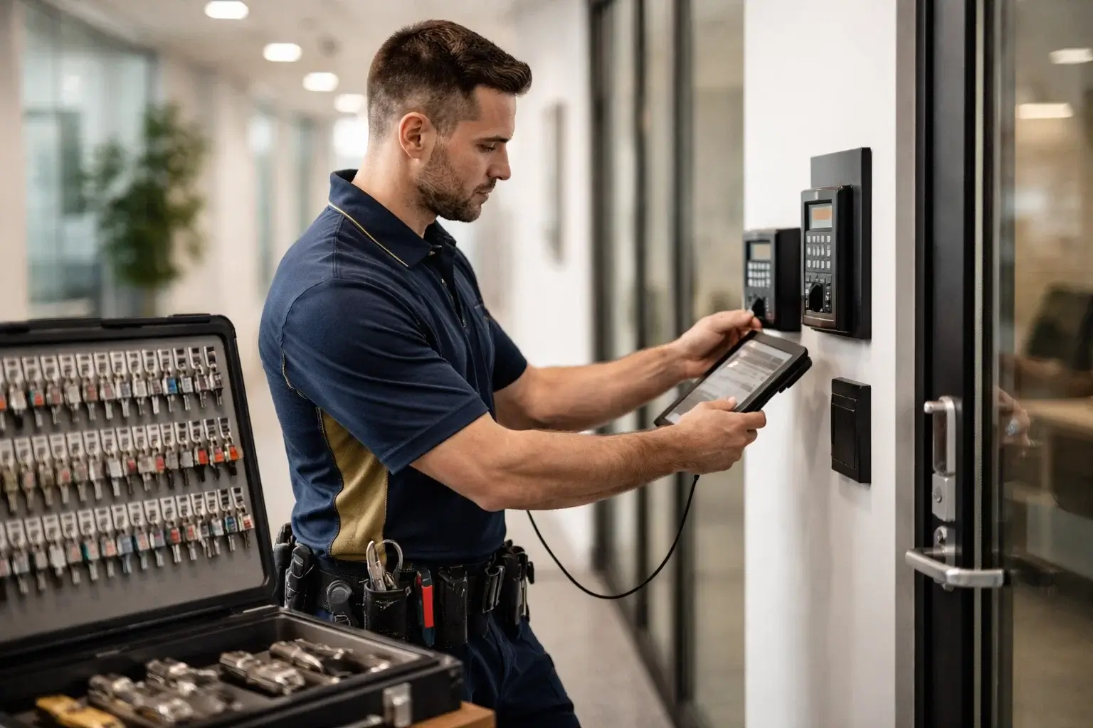 Commercial locksmith configuring a master key and access control system in Atlanta GA