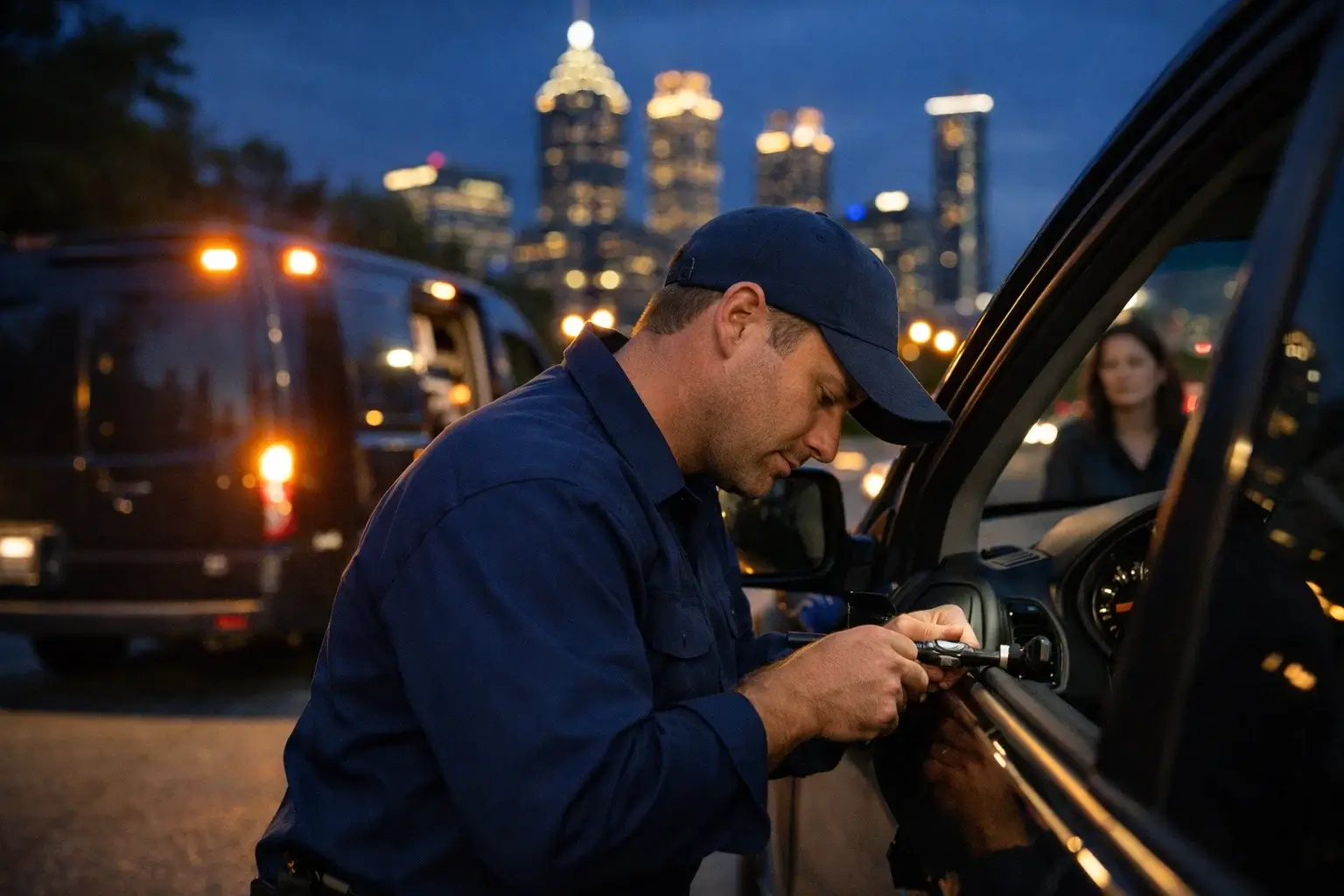 Emergency automotive locksmith assisting with a car lockout in Atlanta GA