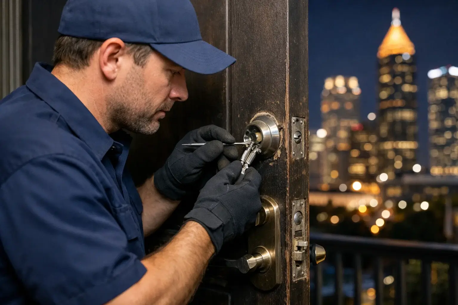 Emergency locksmith repairing or replacing a damaged door lock in Atlanta GA