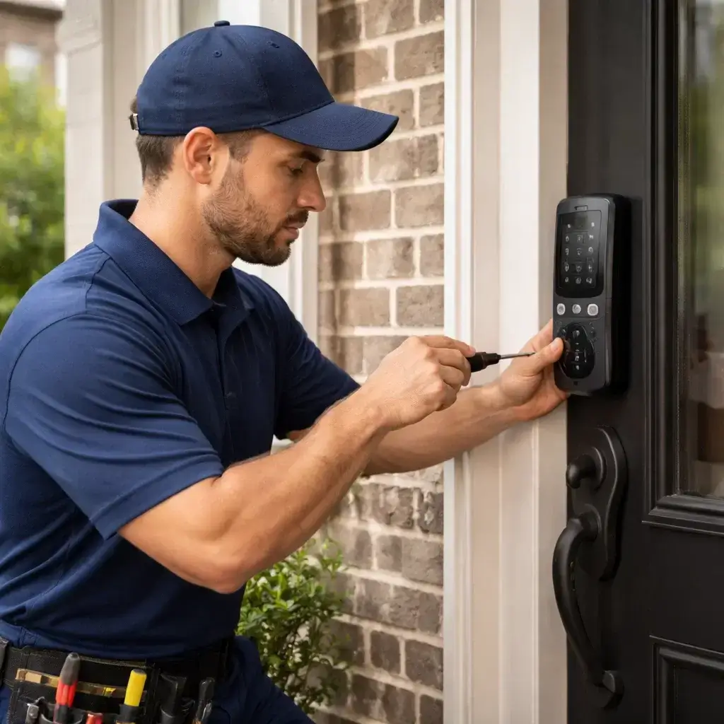 Residential locksmith installing smart lock at a home in Atlanta GA