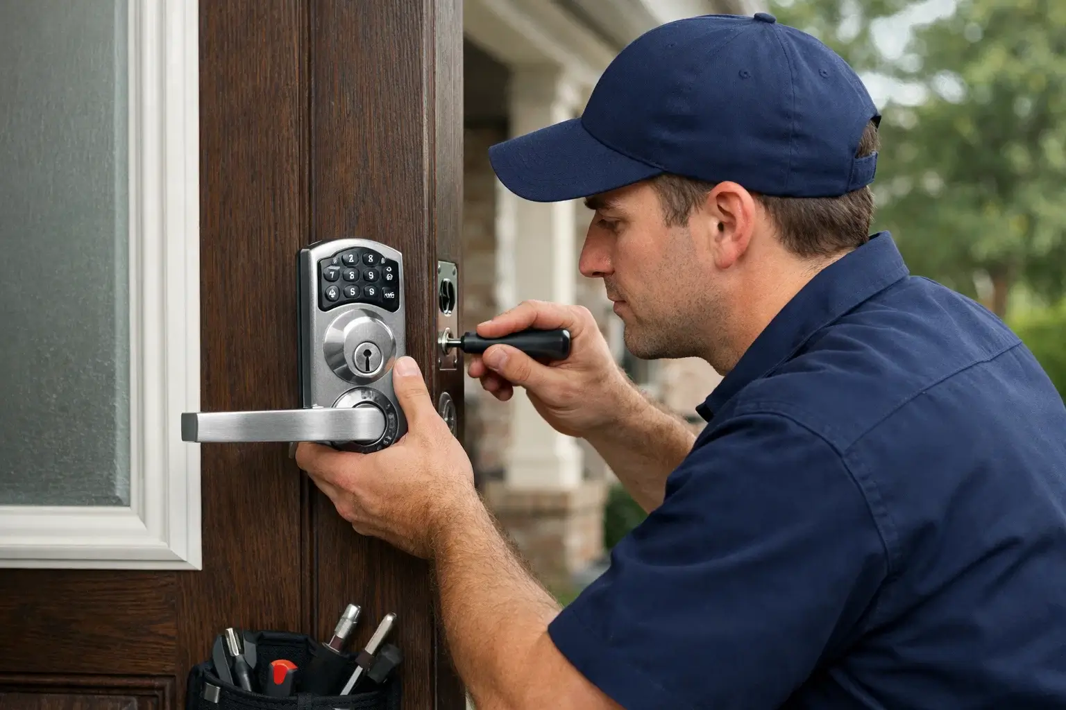 Residential locksmith installing a high security door lock at a home in Atlanta GA