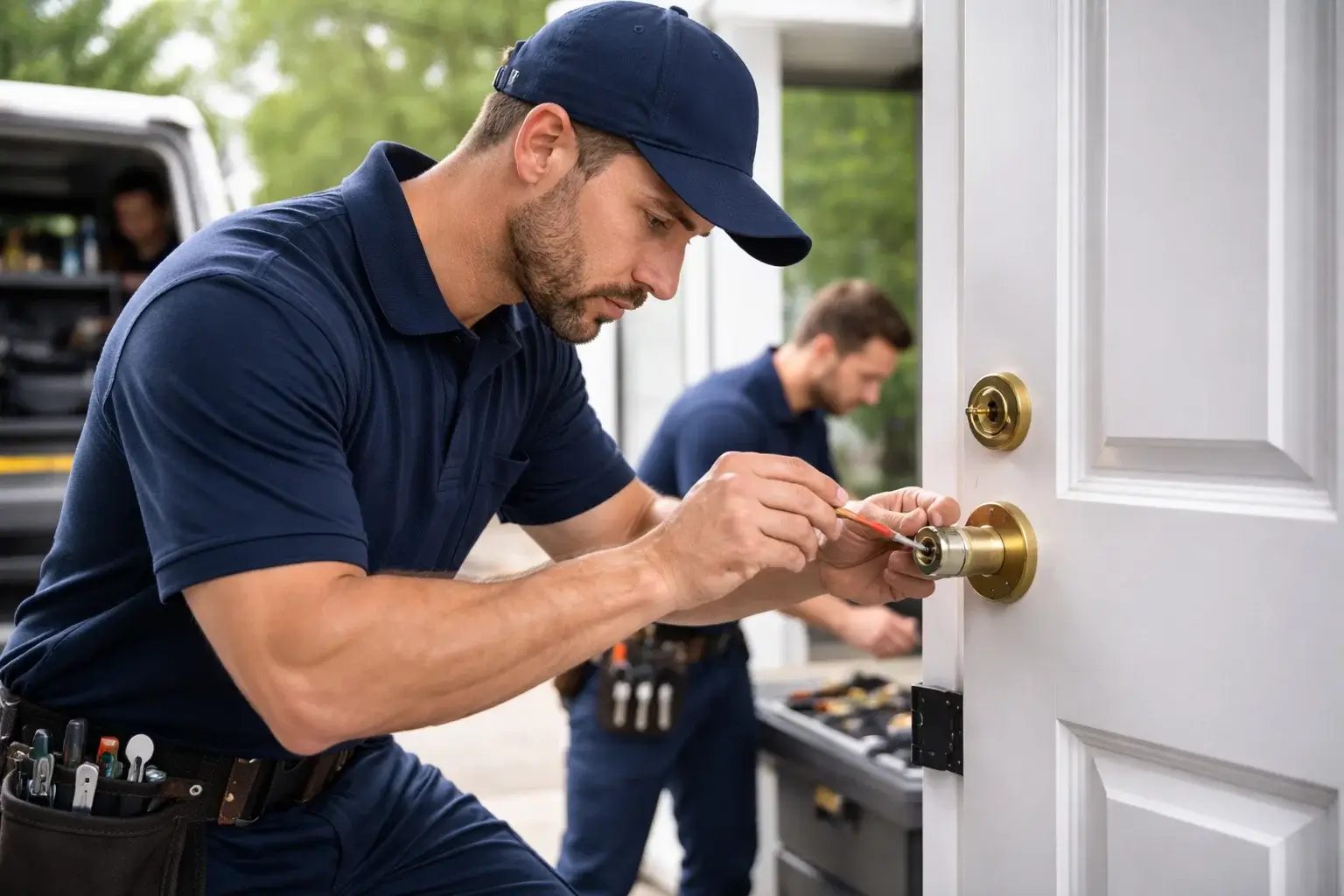 Residential locksmith rekeying a door lock to change access in Atlanta GA