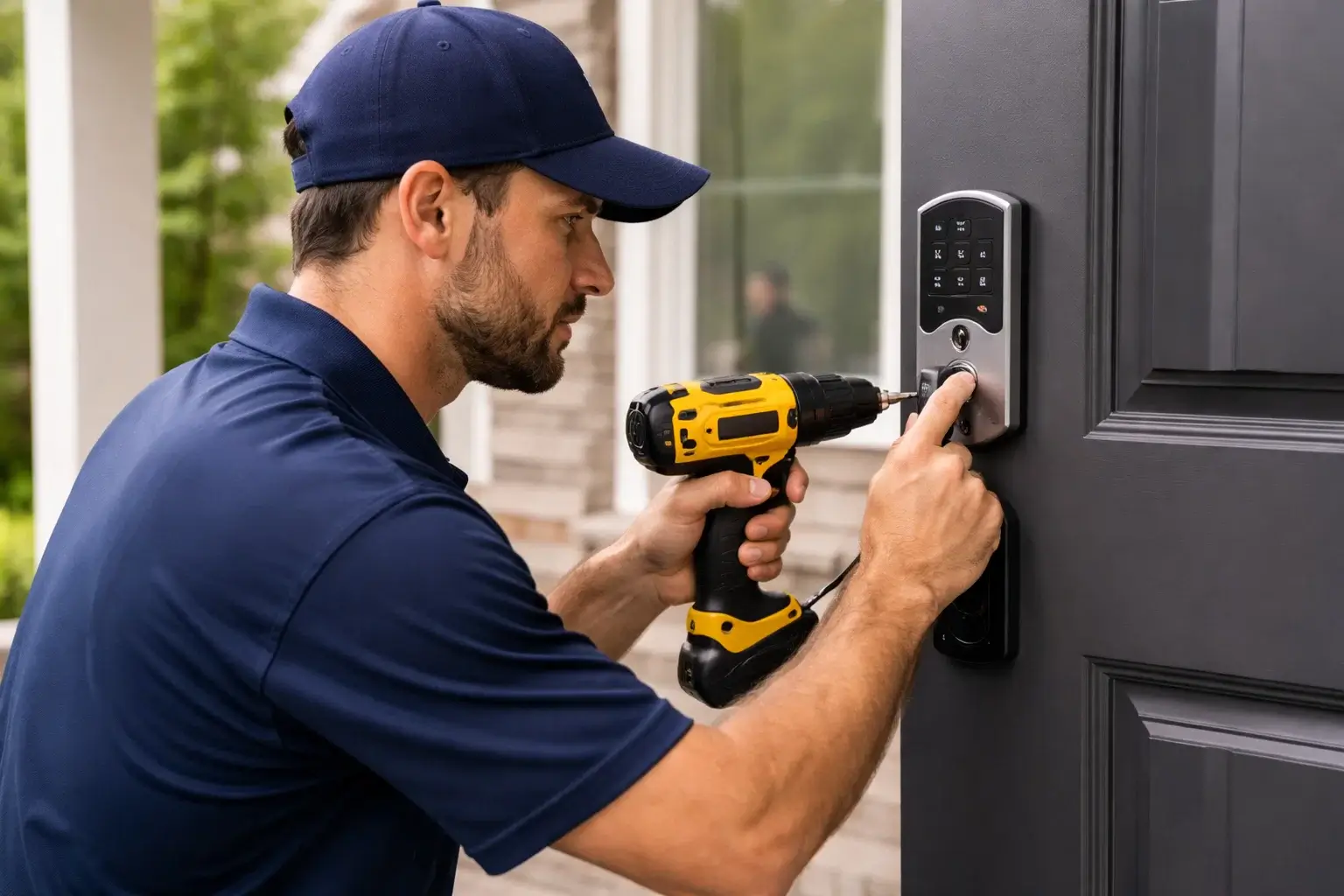 Residential locksmith installing a smart lock and keypad entry system in Atlanta GA